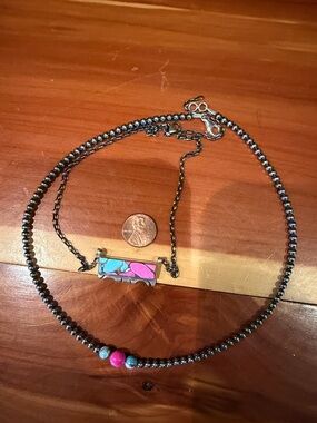 17.25” Signed Cotton Candy Pink & Turquoise Bar Pendant and stacker Necklace